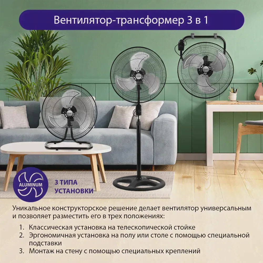 Вентилятор 3 в 1 напольный / настенный / настольный LUMME LU-FN106 черный жемчуг-3
